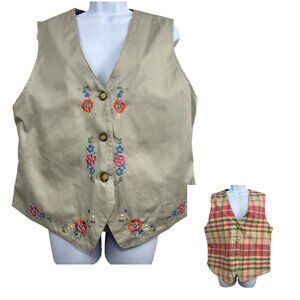 Vtg Women Vest Embroidered XL Floral‎ Khaki Plaid Reversible Cottagecore Granny